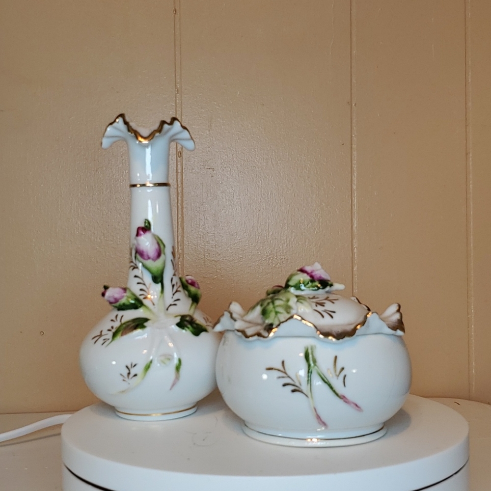 Japanese Porcelain Rose Bud Vase & Trinket Box
